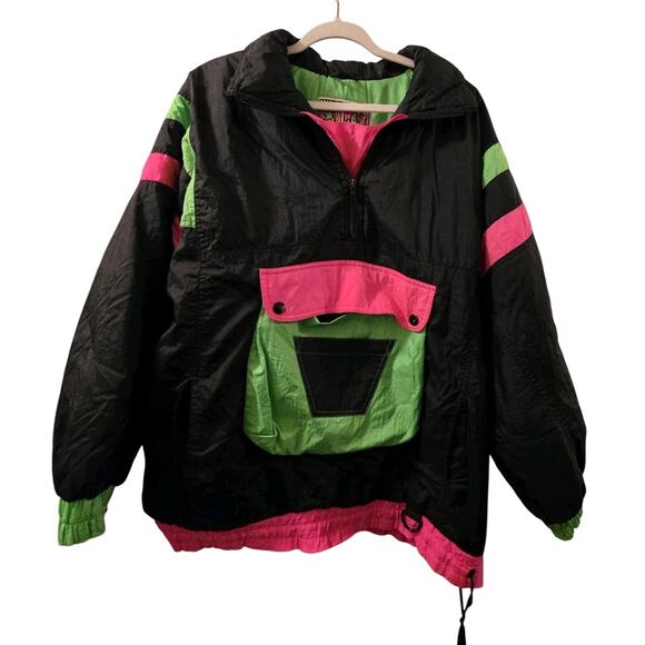 Vintage 1980s East West Ski Jacket Puffer Nylon Sport Neon Green Pink Slopes L